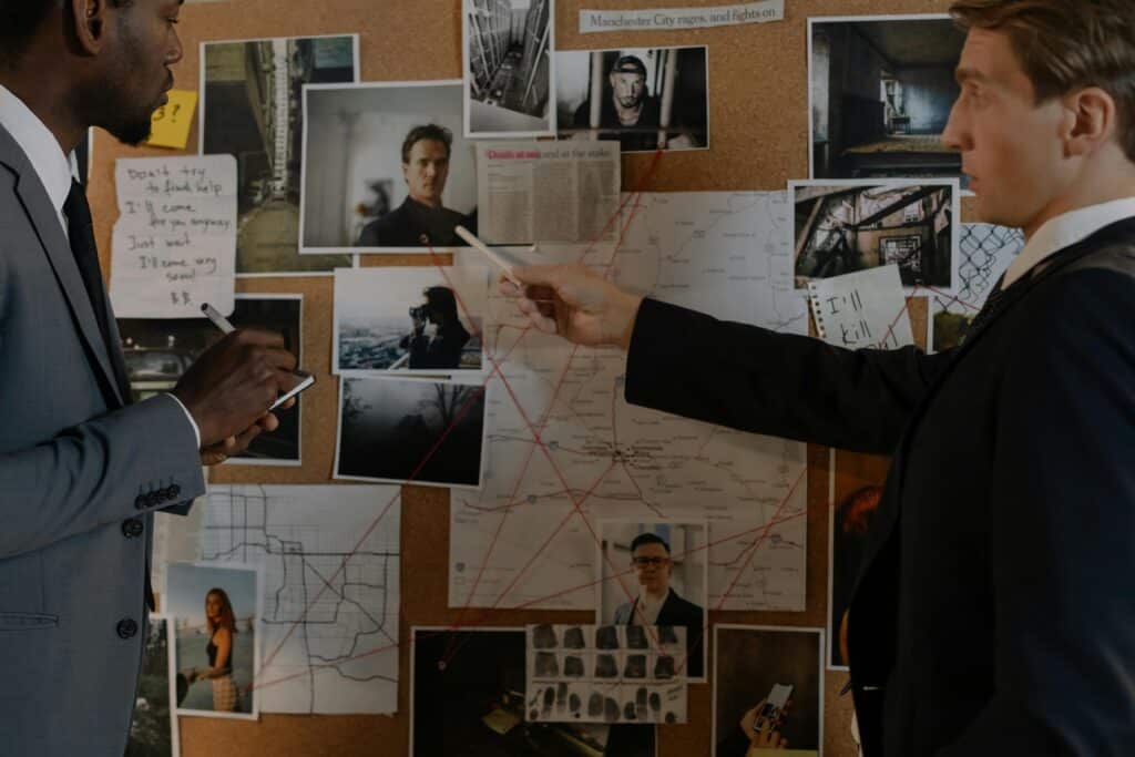 Enquête Criminelle : Détectives devant un Tableau d'Indices Two detectives analyze a crime board filled with photos, maps, and notes for an investigation.